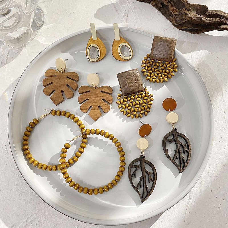 AENSOA Vintage Γυναικεία Σκουλαρίκια Γεωμετρικά Ξύλινα Χειροποίητα Καφέ Χρώμα Φύλλου Στρογγυλού Κύκλου Ξύλινα Σκουλαρίκια Κοσμήματα 2022