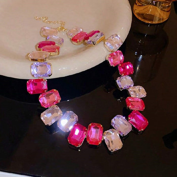 FYUAN Луксозни квадратни розови цветни кристални чокър колиета за жени Геометрични колиета с верига за ключицата Парти сватбени бижута