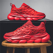 Karštas išpardavimas vyriški raudoni sportbačiai, 2024 m. mados spauda Laisvalaikiai sportbačiai vyriški platforminiai treniruokliai, patogūs kvėpuojantys stambūs vyriški batai