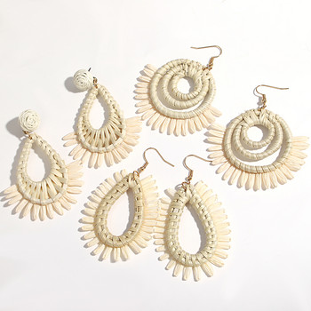 Lifefontier Χειροποίητα γεωμετρικά φούντα Raffia σκουλαρίκια πλεκτά σταγόνα για γυναίκες Μοντέρνα κοσμήματα ξύλινα σκουλαρίκια σε σχήμα βεντάλιας Χονδρική