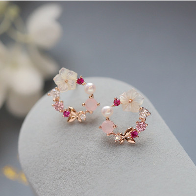 Y2k розово кристално цвете, перла, пеперуда, лято, нови пристигащи корейски модни луксозни обеци с обръч за жени, бижута, подарък