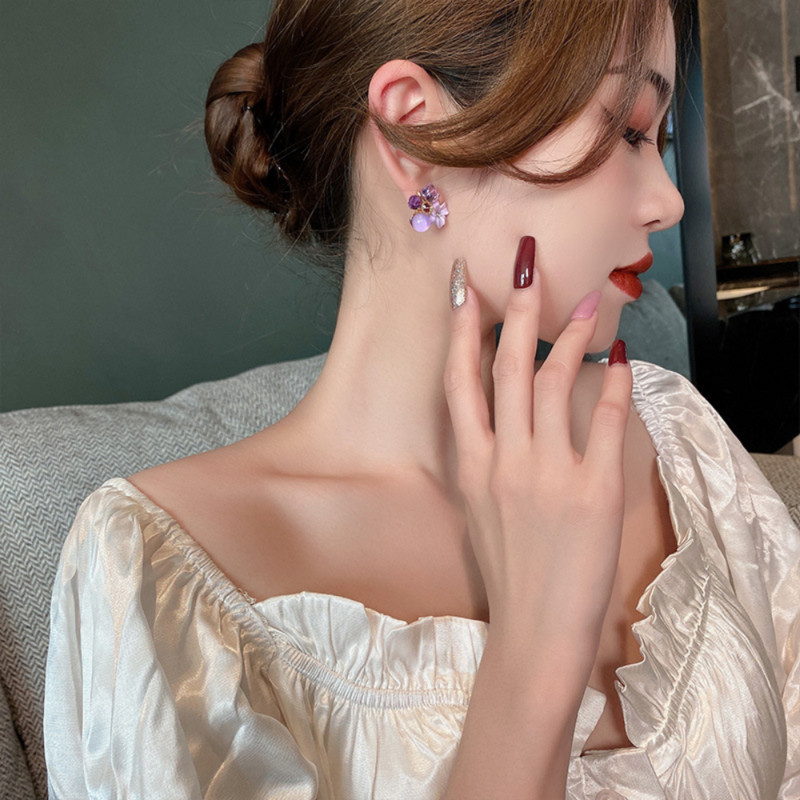 Violeti kristāla ziedu auskari sievietēm korejiešu stilā Modes rotaslietas Elegance Temperament Y2k Aksesuāri Burvīgi maigi