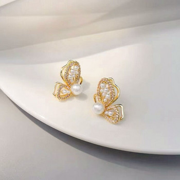 2022 Нова личност Модни пеперуди Златни обеци Дамски темперамент Имитация на перли Инкрустирани кристали Блестящи обеци