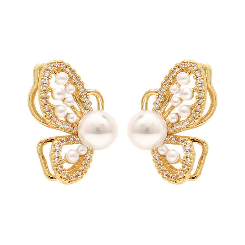 2022 m. naujos asmenybės mados drugeliai auksiniai auskarai, moteriški temperamento imitacijos perlai, inkrustuoti kalnų krištolais blizgantys auskarai