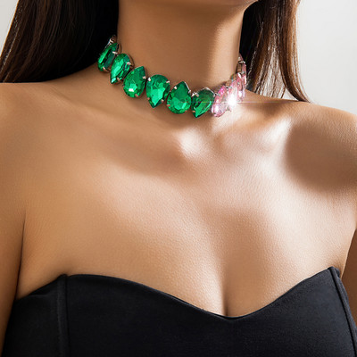 Rohelise ja roosa värvi splaissitud veetilgakujuline kristallist kaelakee naistele Trendikas lühike kaelarihm kaelal, aksessuaarid, kingitus