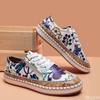 Дамски ежедневни мокасини Елегантни флорални щампи с връзки Плоски модни обувки с кръгли пръсти Вулканизирани обувки На открито Леки обувки за ходене
