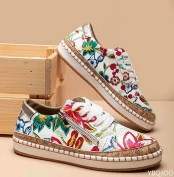 Дамски ежедневни мокасини Елегантни флорални щампи с връзки Плоски модни обувки с кръгли пръсти Вулканизирани обувки На открито Леки обувки за ходене