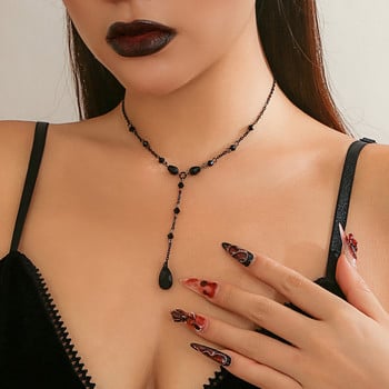 Goth Black Water Drop Crystal Chest Chain Колие за жени, нашийници Vintage Sexy Link Choker Y2K Хелоуин Аксесоари за бижута