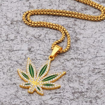 Rhinestone Weed Κρεμαστό Κολιέ Ανδρικά Κολιέ με φύλλα σφενδάμου Χρυσό χρώμα Αλυσίδες για αγόρια Ανδρικά κοσμήματα Steampunk