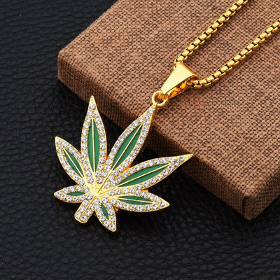 Rhinestone Weed Pendant Kaklarota Vīriešu Kļavu Lapu Kaklarotas Zelta krāsas Ķēdes Zēniem Vīriešu Steampunk Rotaslietas