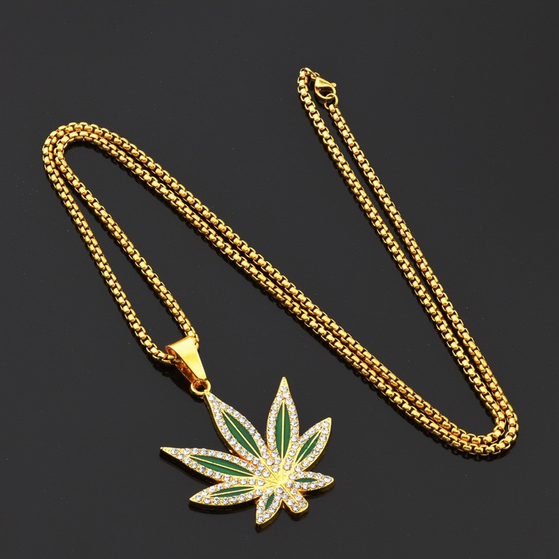 Rhinestone Weed Κρεμαστό Κολιέ Ανδρικά Κολιέ με φύλλα σφενδάμου Χρυσό χρώμα Αλυσίδες για αγόρια Ανδρικά κοσμήματα Steampunk