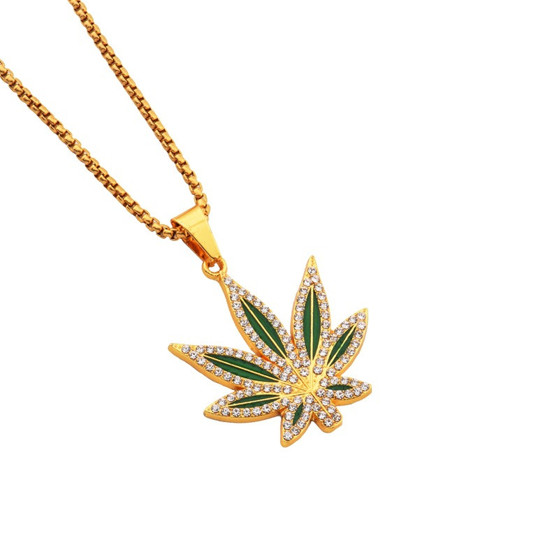 Rhinestone Weed Κρεμαστό Κολιέ Ανδρικά Κολιέ με φύλλα σφενδάμου Χρυσό χρώμα Αλυσίδες για αγόρια Ανδρικά κοσμήματα Steampunk
