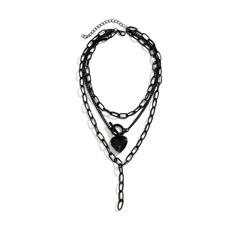 Goth Multilayer Black Love Heart OT sagtimi pakabukas Choker karoliai moterims vintažinė metalinė grandinėlė Grunge papuošalai Helovino dovana