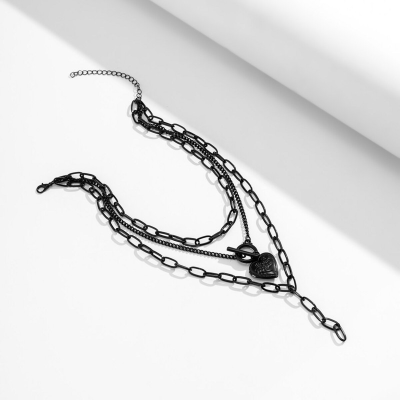 Goth Multilayer Black Love Heart OT sagtimi pakabukas Choker karoliai moterims vintažinė metalinė grandinėlė Grunge papuošalai Helovino dovana