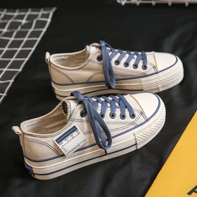 Puhasvärvilised madala lõikega vabaaja lõuendist kingad kevadised naistele mitmekülgsed magusad koogi kõrgust suurendavad lameda kontsaga kummitald Korea stiilis