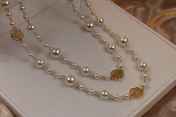 Vintage Lady Camellia Pearls Flower Long κολιέ Αλυσίδα Κομψά διπλά στρώματα μόδας κοσμήματα για γυναίκες πάρτι Collares de moda