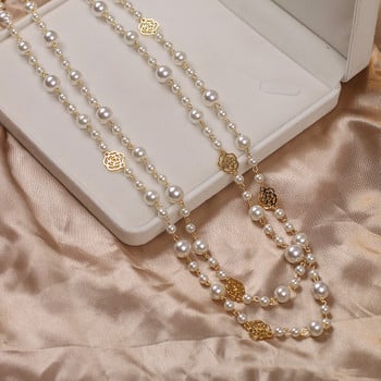 Vintage Lady Camellia Pearls Flower Long κολιέ Αλυσίδα Κομψά διπλά στρώματα μόδας κοσμήματα για γυναίκες πάρτι Collares de moda