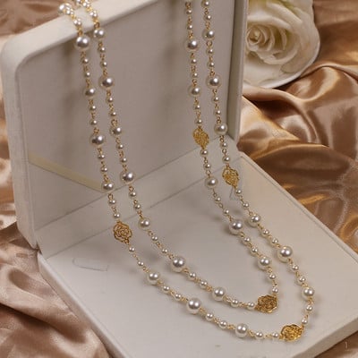 Vintage Lady Camellia Pērles Ziedi Garas Kaklarotas Ķēde Eleganta Divslāņu Modes Rotaslietas Sieviešu Ballītei Collares de moda