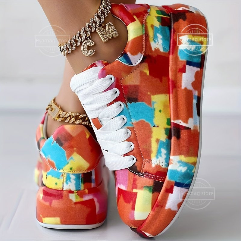 Sportbačiai Moteriški dirbtinės odos platforminiai sportbačiai Platforminiai sportbačiai lauke Trend Graffiti Batai Patogūs suvarstomi plokšti sportbačiai