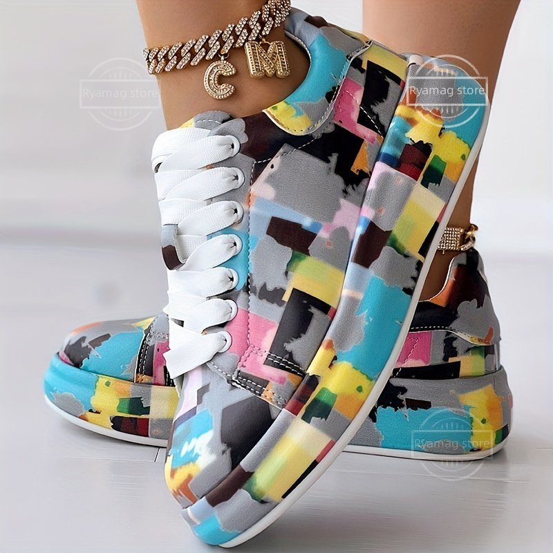 Sportbačiai Moteriški dirbtinės odos platforminiai sportbačiai Platforminiai sportbačiai lauke Trend Graffiti Batai Patogūs suvarstomi plokšti sportbačiai