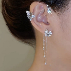 Ezüstözött fém pillangós fülkapcsok piercing nélkül nőknek csillogó cirkon fülmandzsetta fülbevaló esküvői ékszer