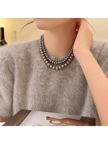 Лек луксозен елегантен дизайн на ниша Сив пуловер с имитация на перли Колие с верига Модни дамски метални бижута Аксесоари