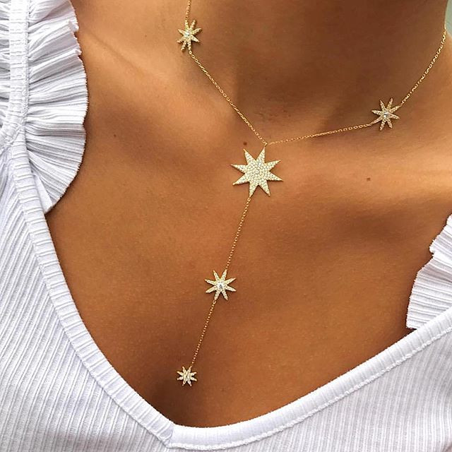 Jaunas Sparking Star Charm Y formas garas Lariat Link ķēdes kaklarotas seksīgām sievietēm zelta krāsā Modes kāzu rotaslietas dāvanas