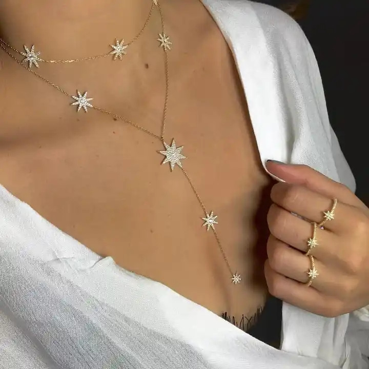 Jaunas Sparking Star Charm Y formas garas Lariat Link ķēdes kaklarotas seksīgām sievietēm zelta krāsā Modes kāzu rotaslietas dāvanas