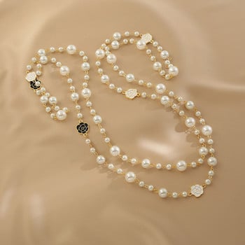 Γυναικείο μικρό αρωματικό μακρύ μαργαριτάρι κολιέ μαύρο λευκό Camellia κοσμήματα αλυσίδα πουλόβερ πολλαπλών στρώσεων Αξεσουάρ φθινοπώρου και χειμώνα