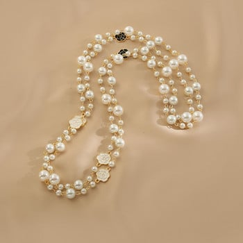Γυναικείο μικρό αρωματικό μακρύ μαργαριτάρι κολιέ μαύρο λευκό Camellia κοσμήματα αλυσίδα πουλόβερ πολλαπλών στρώσεων Αξεσουάρ φθινοπώρου και χειμώνα