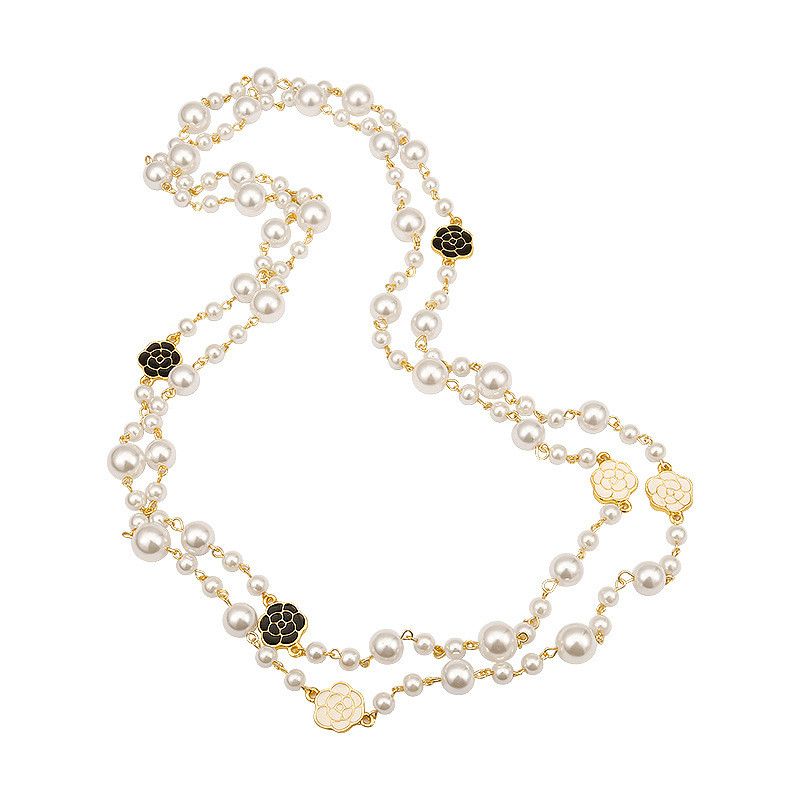 Naiste väike aromaatne pikk pärlikee must valge kameelia ehted mitmekihilised kampsunikett sügis- ja talve aksessuaarid