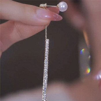 Корейски дълги висящи обеци с перли с пискюли за жени Луксозни пълни кристали със златен цвят капкови обеци Сватбено парти Бижута Подарък