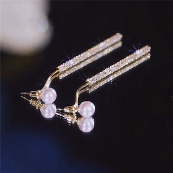 Корейски дълги висящи обеци с перли с пискюли за жени Луксозни пълни кристали със златен цвят капкови обеци Сватбено парти Бижута Подарък