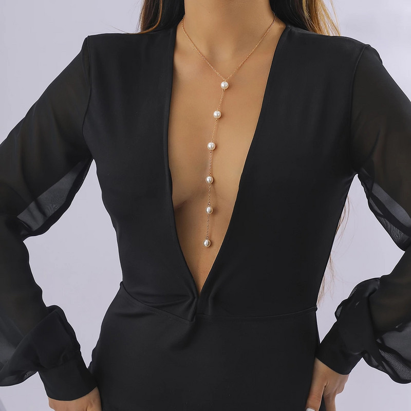 IngeSight.Z Paprasti ilgi perlų imitacijos nugaros karoliai moterims Seksualūs kutai dirželiai Bikini krūtinės grandinėlė kūno papuošalai Mujer