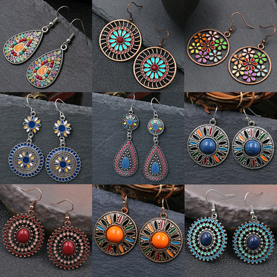 Etnikai Boho színes zománcozott fülbevaló nőknek Bomemain retro üreges virág kerek geometriai vintage csepp lógó fülbevaló ékszer