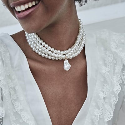 Ingemark Fashion Multilayer White Imitation-Pearl Choker με φαρδιά σαλιάρα κοσμήματα στερέωσης μεταλλικής φέτας για γυναίκες γοητείας