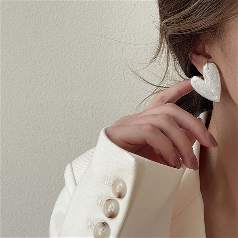 Cercei tip inimă mare de culoare albă pentru femei, fete, coreeană, dragoste, glazură, estetică, viața de zi cu zi, bijuterii minimaliste, piercing ureche