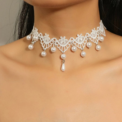 Colier choker din dantelă cu tatuaj gotic clasic pentru femei, ciucuri cu pandantiv de perle, coliere cu farmec, bijuterii boho, cadou de Crăciun X079