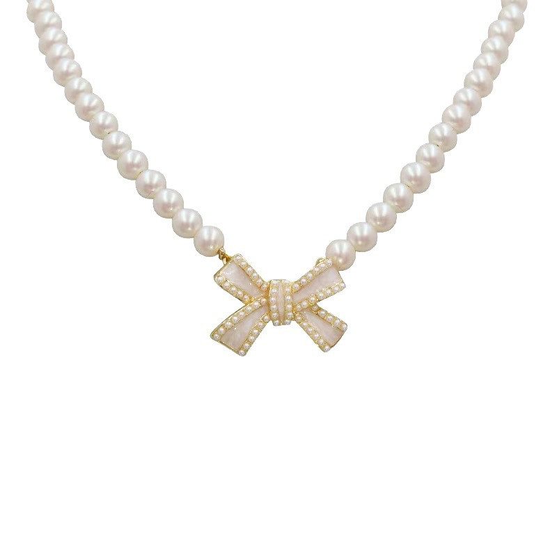 Trend Elegant Jewelry Wedding White Oil Bow Ripats Kaelakee Naistele Moodne Valge imitatsioon Pärli kaelakee N0430