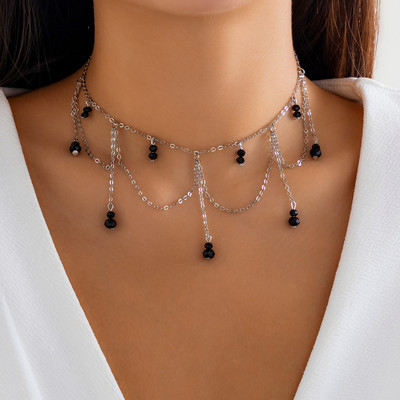 IngeSight.Z Gothic Black Crystal Long Pušķīšu kulonu kaklarota sievietēm Punk Sudraba Krāsa Cross Link Chain Choker Necklace Party