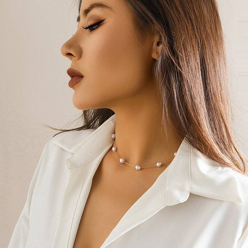Minimālisms Eleganta Pērļu imitācija Atslēgas kaula ķēde Kakla kakls Sievietēm Wed Līgavas Goth Thin Link Choker Draudzenes Y2K Rotaslietas Dāvana
