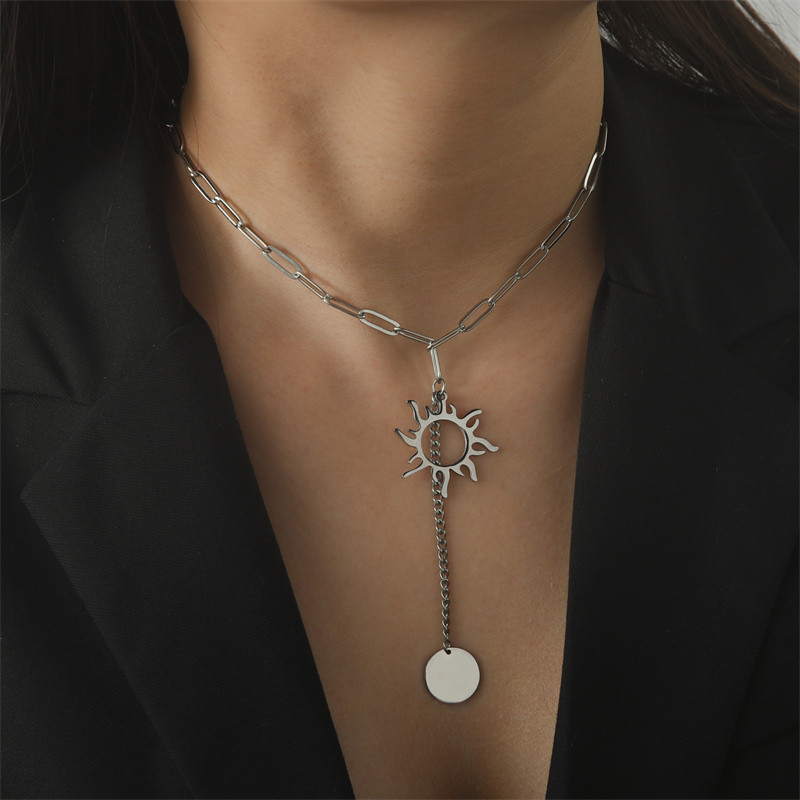Vintage Sun ģeometriski apaļi pušķu kuloni kaklarota sievietēm nerūsējošā tērauda rotaslietas panku ķēdes kakla kaklasiksnas Collier Femme
