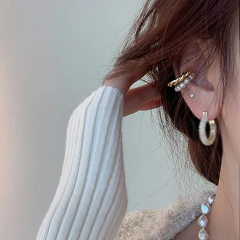 Нов корейски златен цвят двоен кръг с усукване на перлени маншети за уши Реколта Геометрични кръгли маншети за уши с фалшиви обеци за пиърсинг с перли