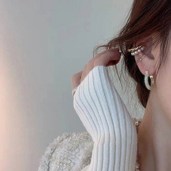 Нов корейски златен цвят двоен кръг с усукване на перлени маншети за уши Реколта Геометрични кръгли маншети за уши с фалшиви обеци за пиърсинг с перли