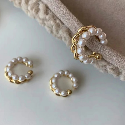 Jauns korejiešu zelta krāsas dubultā apļa Twist pērļu auss aproce vintage ģeometriski aplis auskaru viltus pīrsings pērļu klips uz auskariem