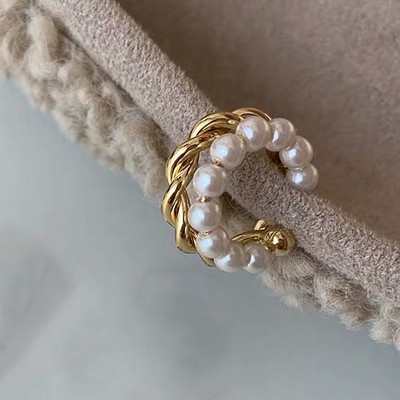 Jauns korejiešu zelta krāsas dubultā apļa Twist pērļu auss aproce vintage ģeometriski aplis auskaru viltus pīrsings pērļu klips uz auskariem