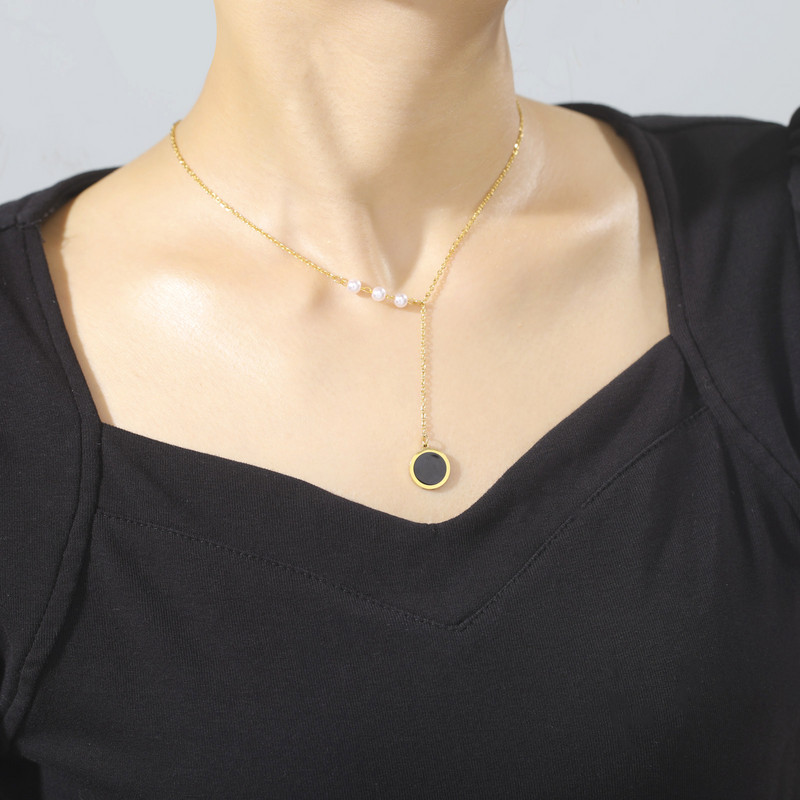 Amaxer nerūsējošā tērauda kaklarotas apaļas kuloni ķēdes krelles kaklarotas pērļu imitācijas sievietēm kāzu rotaslietas dāvana