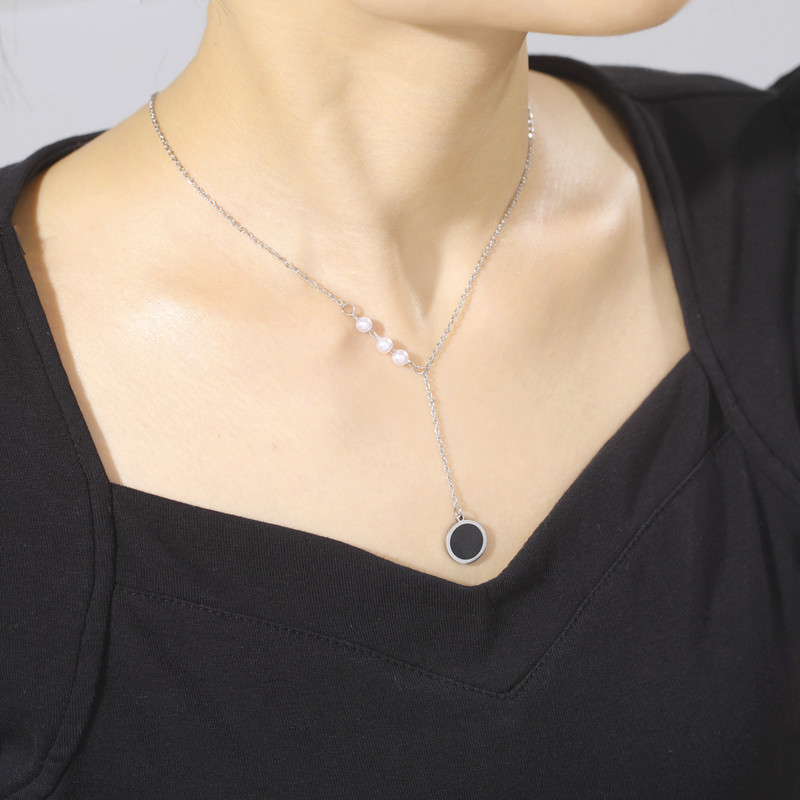 Amaxer nerūsējošā tērauda kaklarotas apaļas kuloni ķēdes krelles kaklarotas pērļu imitācijas sievietēm kāzu rotaslietas dāvana