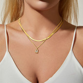 Slāņveida CZ kulonu kaklarota sievietēm, 2 gab. Rotaslietu komplekts, Čūskas skujiņas ķēde nerūsējošais tērauds