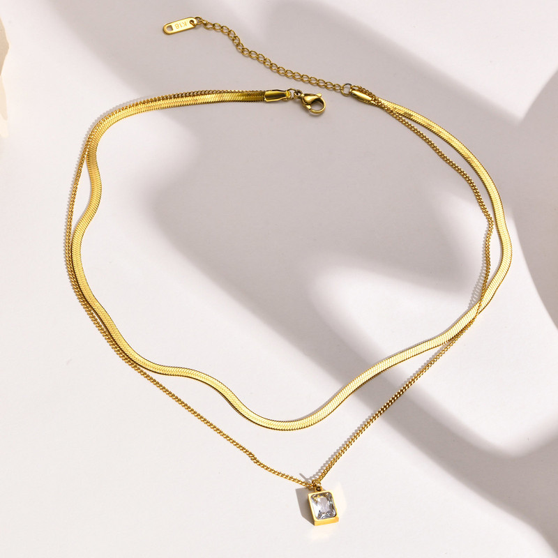 Slāņveida CZ kulonu kaklarota sievietēm, 2 gab. Rotaslietu komplekts, Čūskas skujiņas ķēde nerūsējošais tērauds